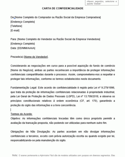 Modelo de Carta de Confidencialidade