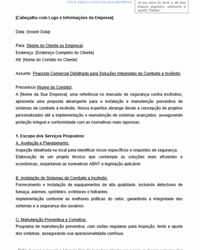 Modelo de Proposta Comercial para Serviços de Instalação e Manutenção Preventiva de Sistemas de Combate a Incêndio