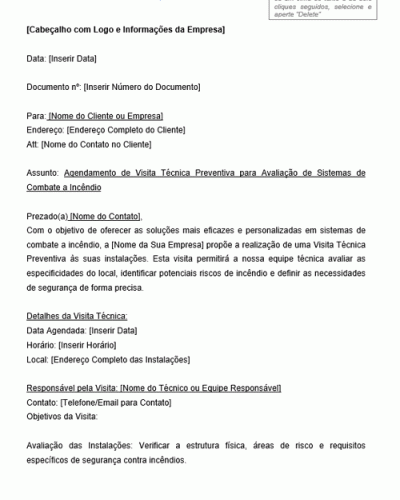 Modelo de Documento de Agendamento de Visita Técnica Preventiva para Avaliação de Sistemas de Combate a Incêndio