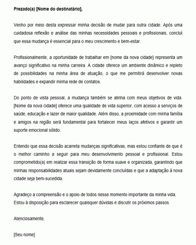 Modelo de Carta de Justificativa de Mudança de Cidade