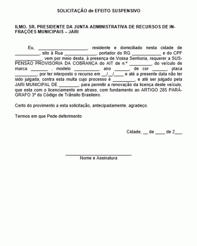 Modelo de Requerimento - Solicitação de Efeito Suspensivo para Multas de Trânsito