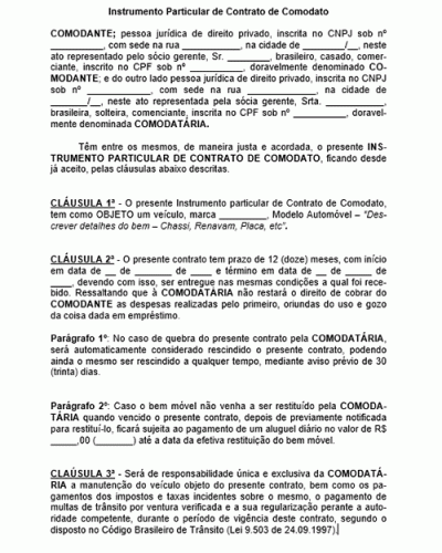 Modelo de Contrato de Comodato para Veículos