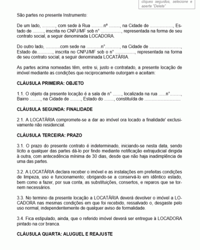 Modelo de Contrato de Locação de Imóvel não Residencial e suas Benfeitorias