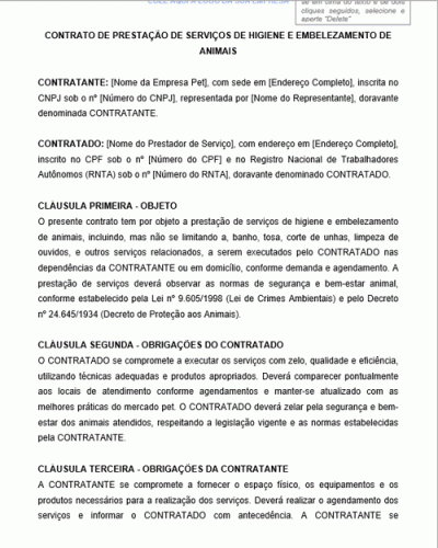 Modelo de Contrato de prestação de serviços autônomos de higiene e embelezamento de animais