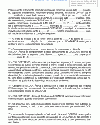 Modelo de Contrato de Locação de Imóvel Comercial por Prazo Determinado com Cláusula de Proibição de Transferência do Bem