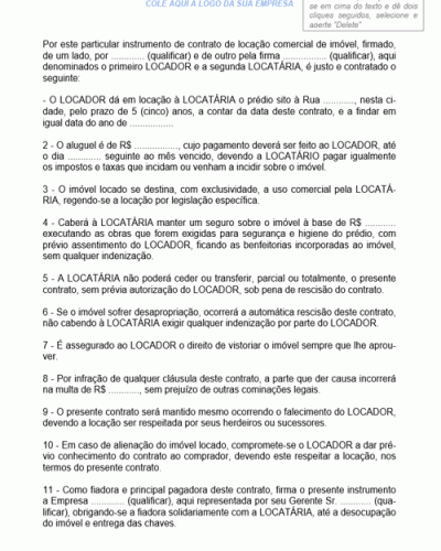 Modelo de Contrato de Locação de Imóvel Comercial com Prestação de Fiança