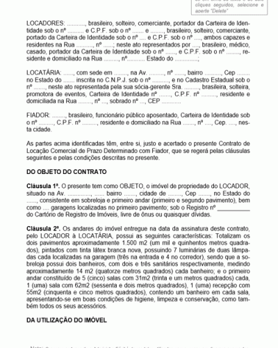 Modelo de Contrato de Locação de Imóvel Comercial por Prazo Determinado com Garantia Fidejussória