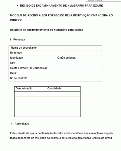 Modelo de Recibo de Encaminhamento de Numerário para Exame