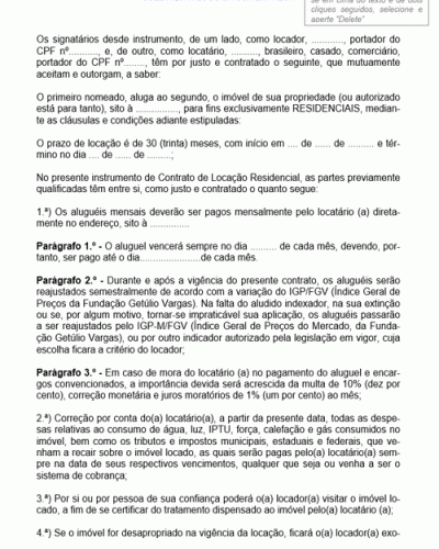 Modelo de Contrato de Locação de Imóvel Residencial com Índice de Reajuste pela Fundação Getúlio Vargas