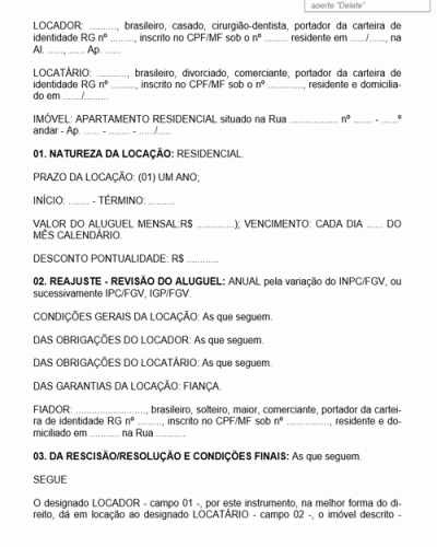 Modelo de Contrato de Locação de Imóvel Residencial com Fiança