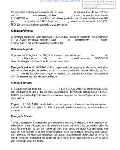 Modelo de Contrato de Locação de Imóvel Residencial com Prazo de Duração Determinado e Dispensa de Multa Contratual na Devolução