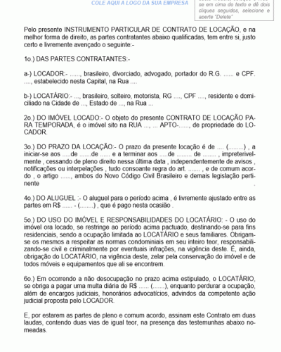 Modelo de Contrato de Locação Temporária de Imóvel Localizado em Praia e Guarnecido de Mobília