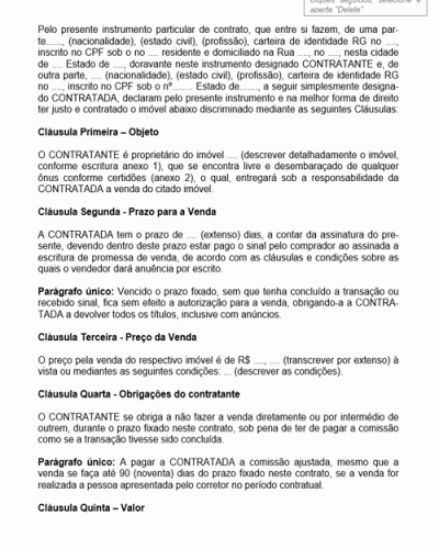 Modelo de Carta de Contrato de Mediação e Corretagem