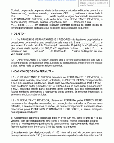 Modelo de Contrato de Permuta de Partes Ideais de Terreno por Unidades Edificadas com Confissão de Dívida