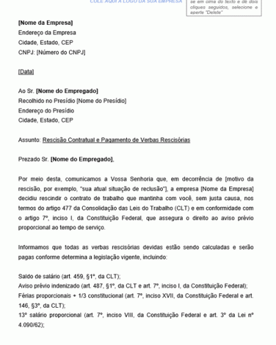 Modelo de Notificação de Rescisão Contratual e Pagamento de Verbas Rescisórias