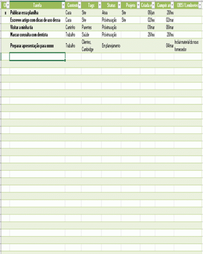 Modelo de Planilha de Controle para Execução de Tarefas