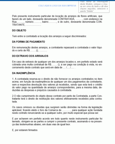 Modelo de Contrato de Locação de Arranjos de Flores Artificiais