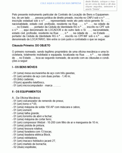 Modelo de Contrato de Locação de Bens e Equipamentos de Oficina Mecânica