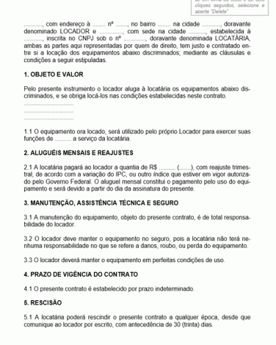 Modelo de Contrato de Locação de Equipamento com Pagamento de Aluguel Mensal que da Direito a Manutenção