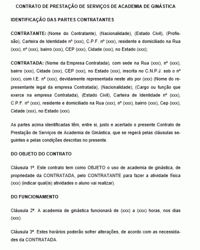 Modelo de Contrato de Prestação de Serviços de Academia de Ginástica