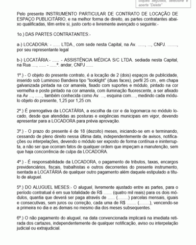 Modelo de Contrato de Locação de Espaço Publicitário Consistente na Colocação de Luminosos de Propaganda