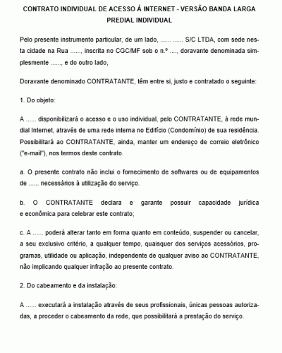 Modelo de Contrato de Prestação de Serviços de Acesso à Internet - Banda Larga Predial Individual