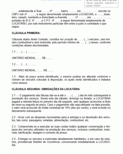 Modelo de Contrato de Locação de Veículo Zero Quilômetro