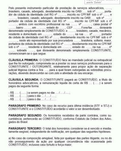 Modelo de Contrato de Prestação de Serviços de Advocacia Consistente na Realização de Separação Litigiosa