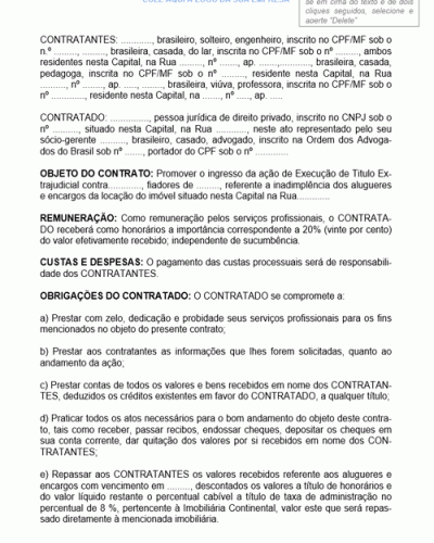 Modelo de Contrato de Prestação de Serviços Advocatícios Cujo Objeto é a Execução de Título Extrajudicial contra Fiadores