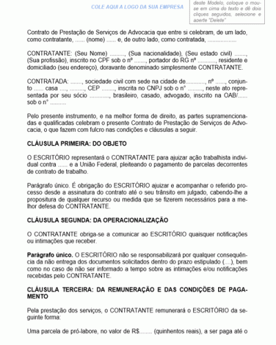 Modelo de Contrato de Prestação de Serviços Advocatícios para Ajuizamento de Ação Trabalhista Individual