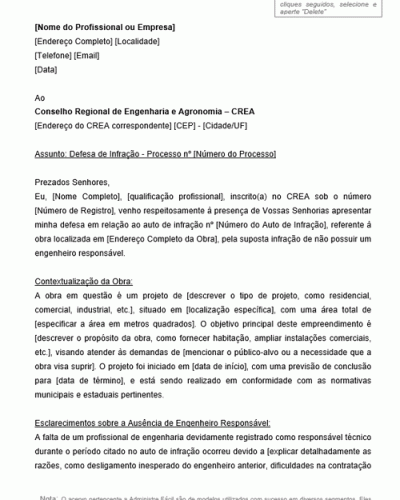 Modelo de Defesa de Infração junto ao Conselho Regional de Engenharia e Agronomia CREA