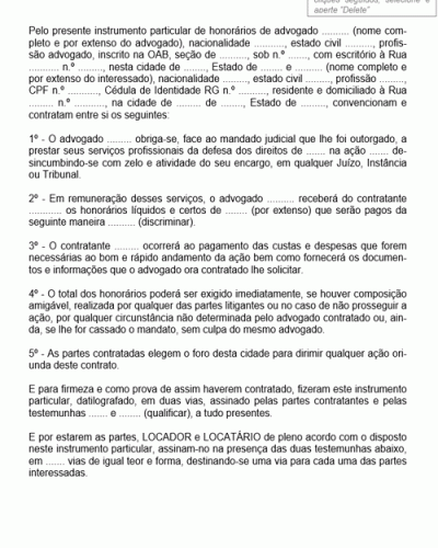 Modelo de Contrato de Prestação de Serviços Advocatícios com Estipulações Acerca da Contraprestação em Honorários Profissionais