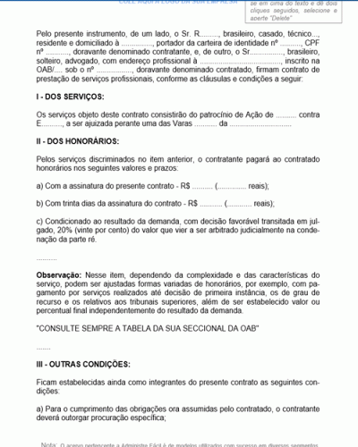 Modelo de Contrato de Prestação de Serviços Advocatícios com Fixação de Honorários de Advogado