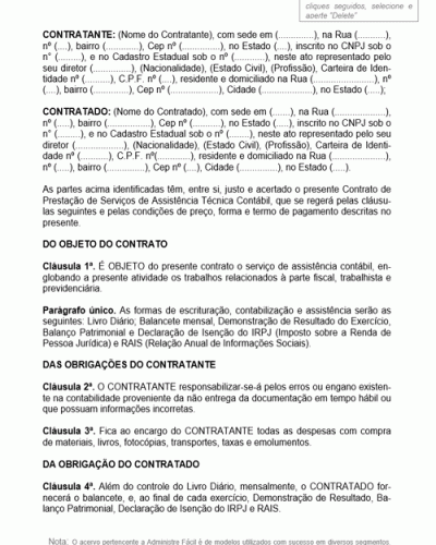 Modelo de Contrato de Prestação de Serviços de Assistência Técnica Contábil