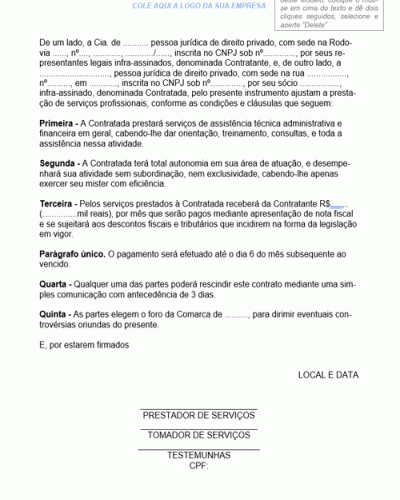 Modelo de Contrato de Prestação de Serviços de Assistência Técnica e Administrativa