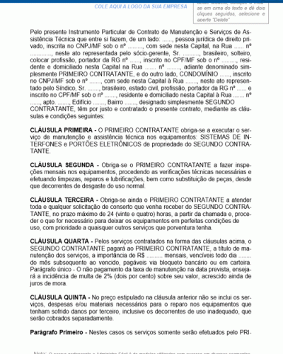 Modelo de Contrato de Prestação de Serviços de Assistência Técnica e Manutenção de Sistemas de Interfones e Portões Eletrônicos