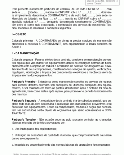 Modelo de Contrato de Prestação de Serviços de Assistência Técnica Preventiva e Corretiva