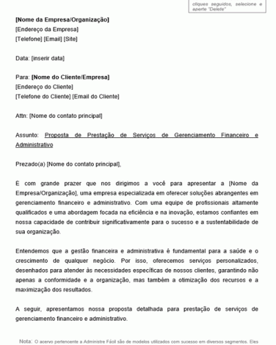 Modelo de Proposta de Prestação de Serviços de Gerenciamento Financeiro e Administrativo com Carta de Apresentação