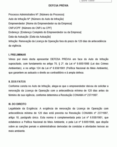 Modelo de Defesa Prévia para Infração Ambiental por Renovação Tardia de Licença de Operação