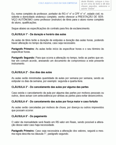 Modelo de Contrato de Prestação de Serviços de Aulas Particulares de Tênis