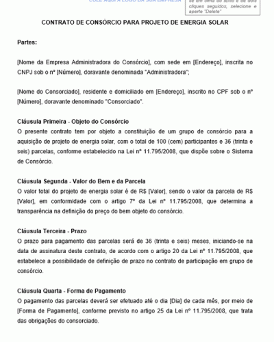 Modelo de Contrato de Consórcio para Projeto de Energia Solar