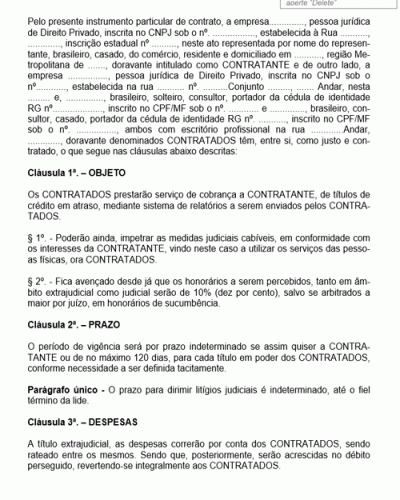 Modelo de Contrato de Prestação de Serviços de Cobrança