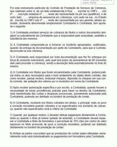 Modelo de Contrato de Prestação de Serviços de Cobrança Amigável ou Judicial de Títulos e Documentos