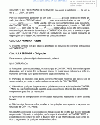 Modelo de Contrato de Prestação de Serviços de Cobrança Extrajudicial e Judicial