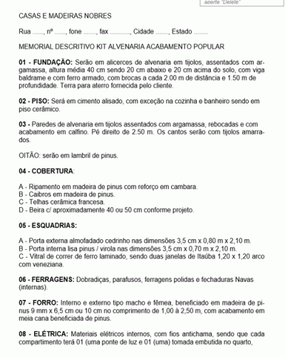 Modelo de Contrato de Prestação de Serviços de Construção de Casas de Madeira de Acabamento Popular