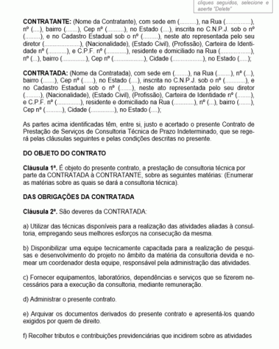 Modelo de Contrato de Prestação de Serviços de Consultoria Técnica de Prazo Indeterminado