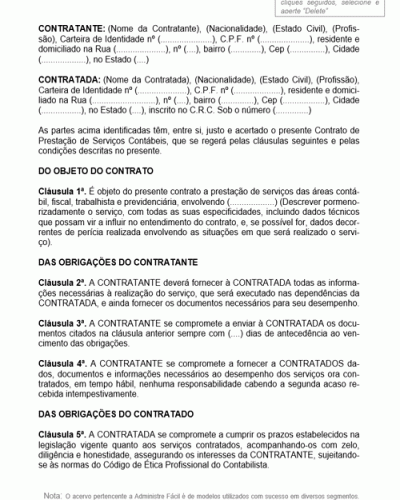 Modelo de Contrato de Prestação de Serviços de Contábeis