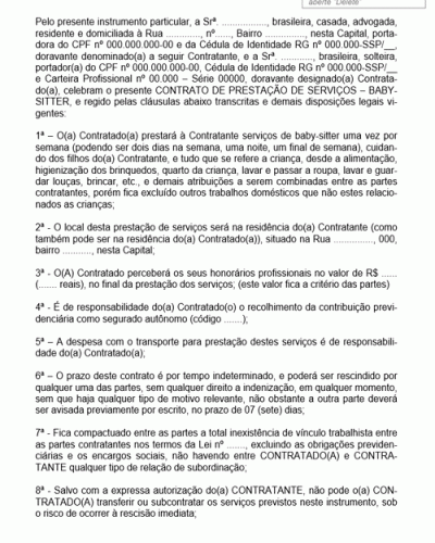 Modelo de Contrato de Prestação de Serviços de Diarista Baby Sister