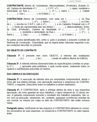 Modelo de Contrato de Prestação de Serviços de Empreitada Reforma de Construção