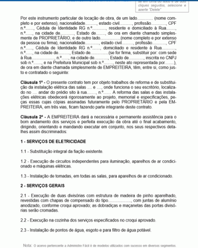 Modelo de Contrato de Prestação de Serviços de Empreitada Reforma de Obra